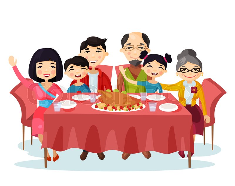 800x632 Holiday Dinner With Turkey Of Cartoon Family. Kids Or Children