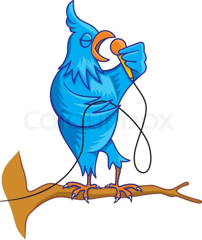 673x800 Blue Bird Cartoon On Tree Branch With Microphone Singing Stock