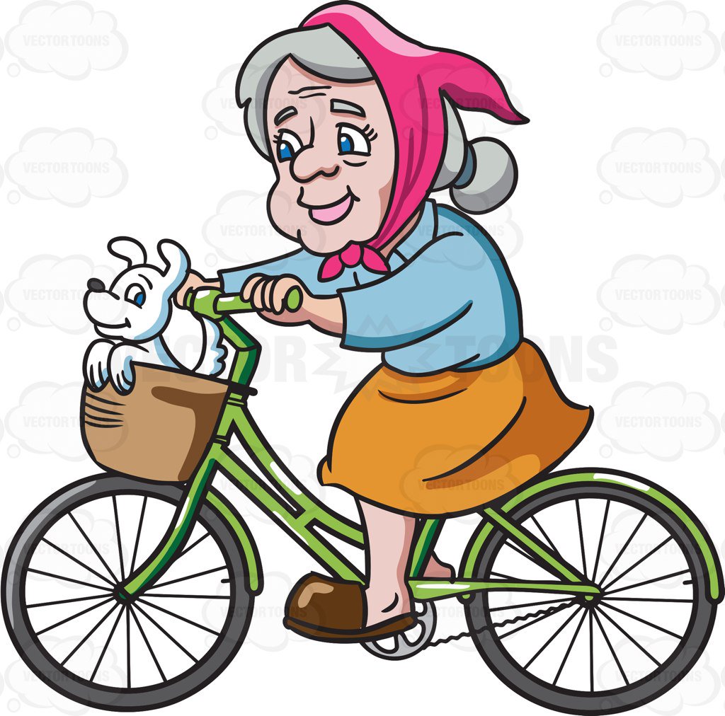 1024x1012 A Female Senior Citizen Enjoying A Bike Ride With Her Dog Cartoon