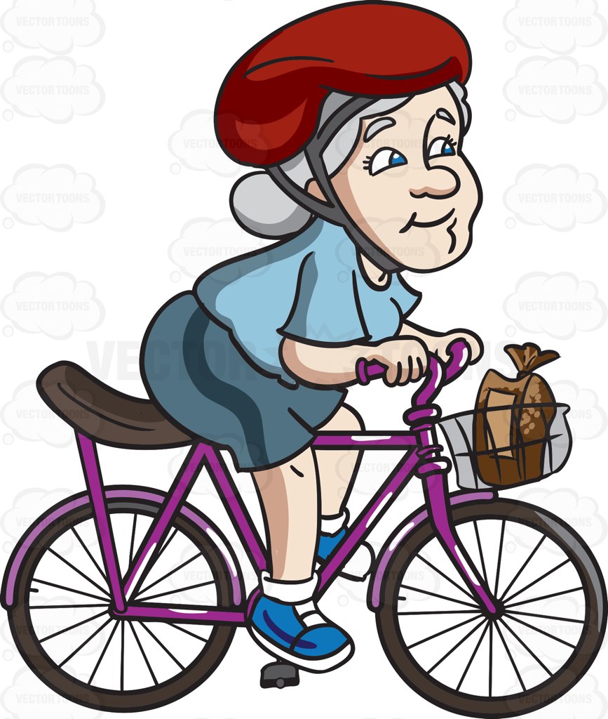 867x1024 A Female Senior Citizen Riding A Bike To Buy Some Bread` Cartoon