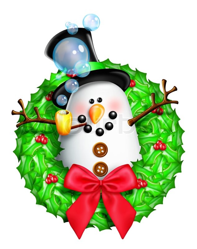 634x800 Whimsical Cartoon Christmas Wreath With Snowman Stock Photo