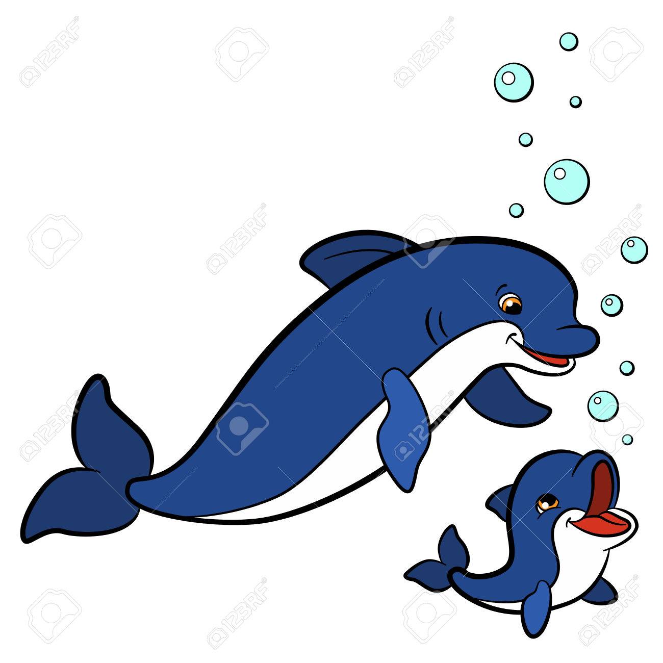 1300x1300 Cartoon Animals For Kids. Mother Dolphin Swims With Her Little