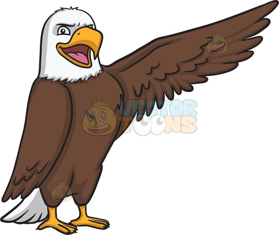 575x485 A Bald Eagle Raising Its Left Wing Cartoon Clipart