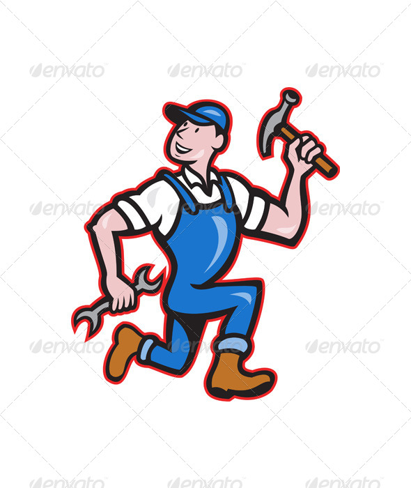 590x700 Carpenter Builder Running With Tools Cartoon By Patrimonio