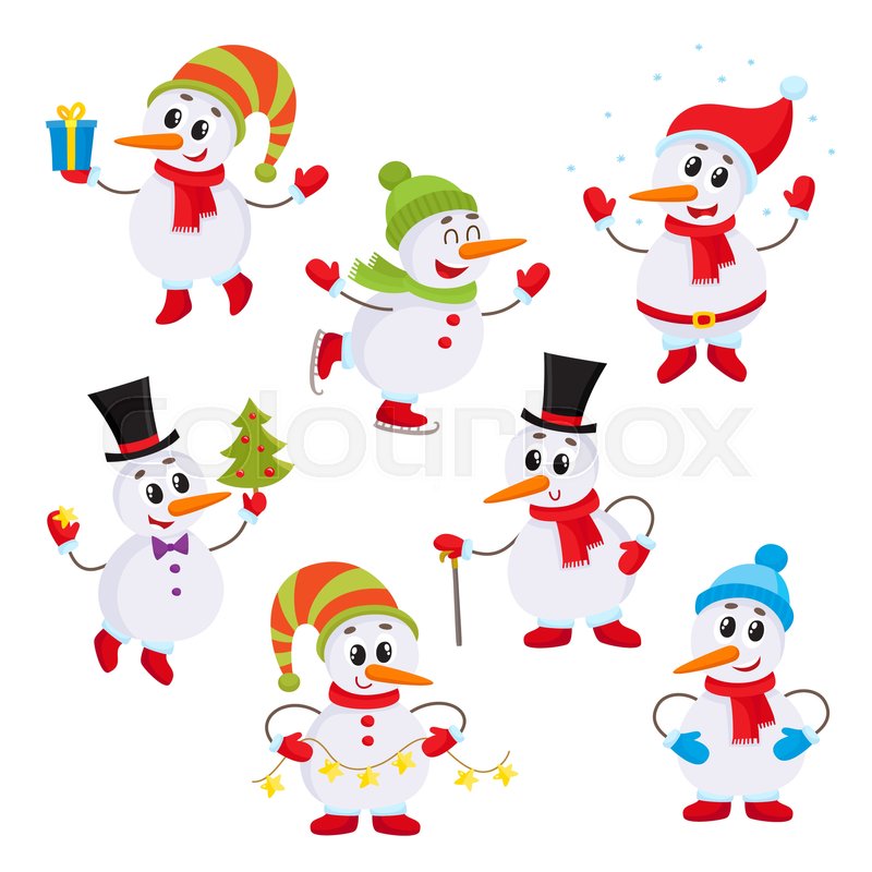 800x800 Christmas Set Of Cute And Funny Little Snowmen, Cartoon Vector