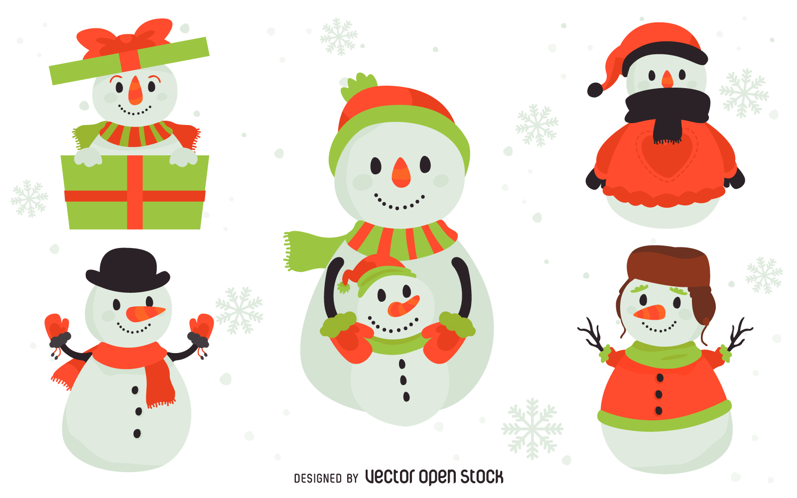 1600x1000 5 Flat Snowmen Illustrations Set