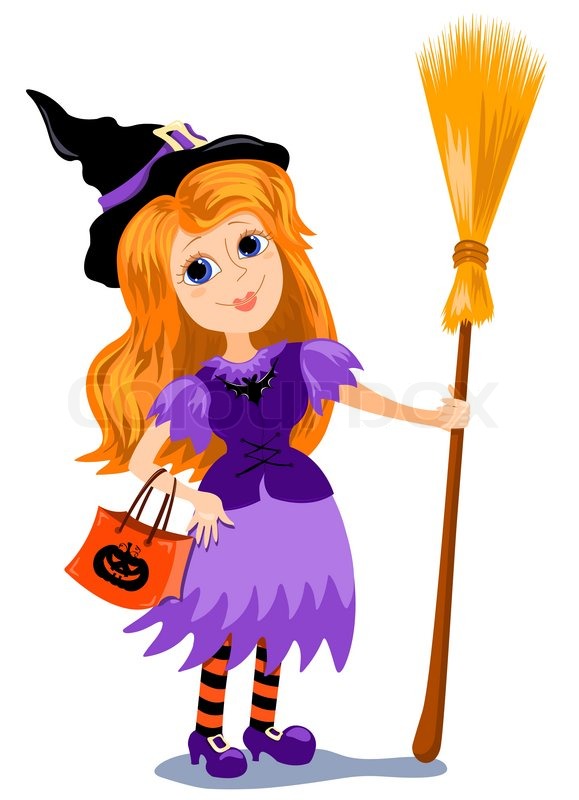 579x800 The Girl In A Costume Of A Witch With A Broom Cartoon Vector