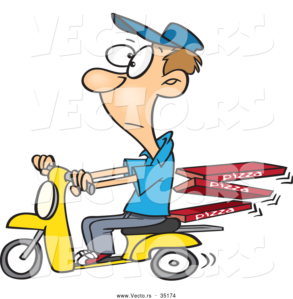 1024x1044 Vector Of A Bored Cartoon Man Delivering Fresh Pizza On A Scooter