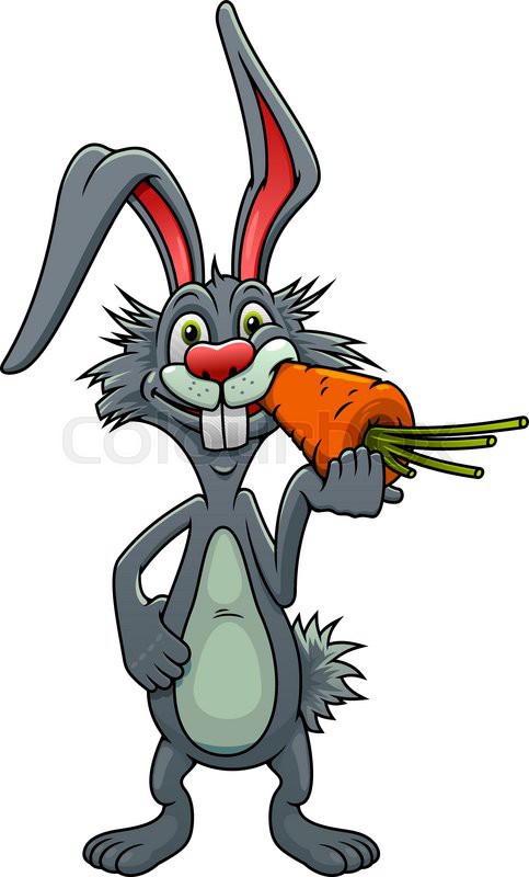 483x800 Funny Cartoon Grey Rabbit With Long Ears Standing Eating A Carrot