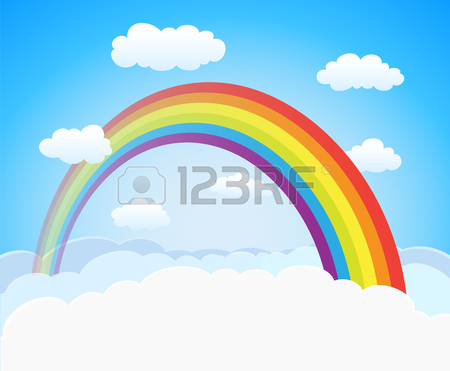 450x371 Cartoon Sky Background With Rainbow And Clouds. Vector Royalty