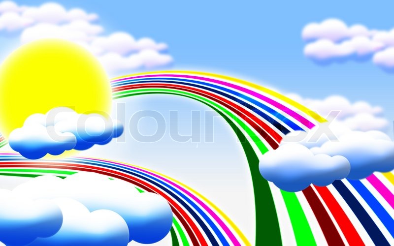 800x500 Cartoon Picture With Sun, Clouds And Rainbow Stock Photo Colourbox