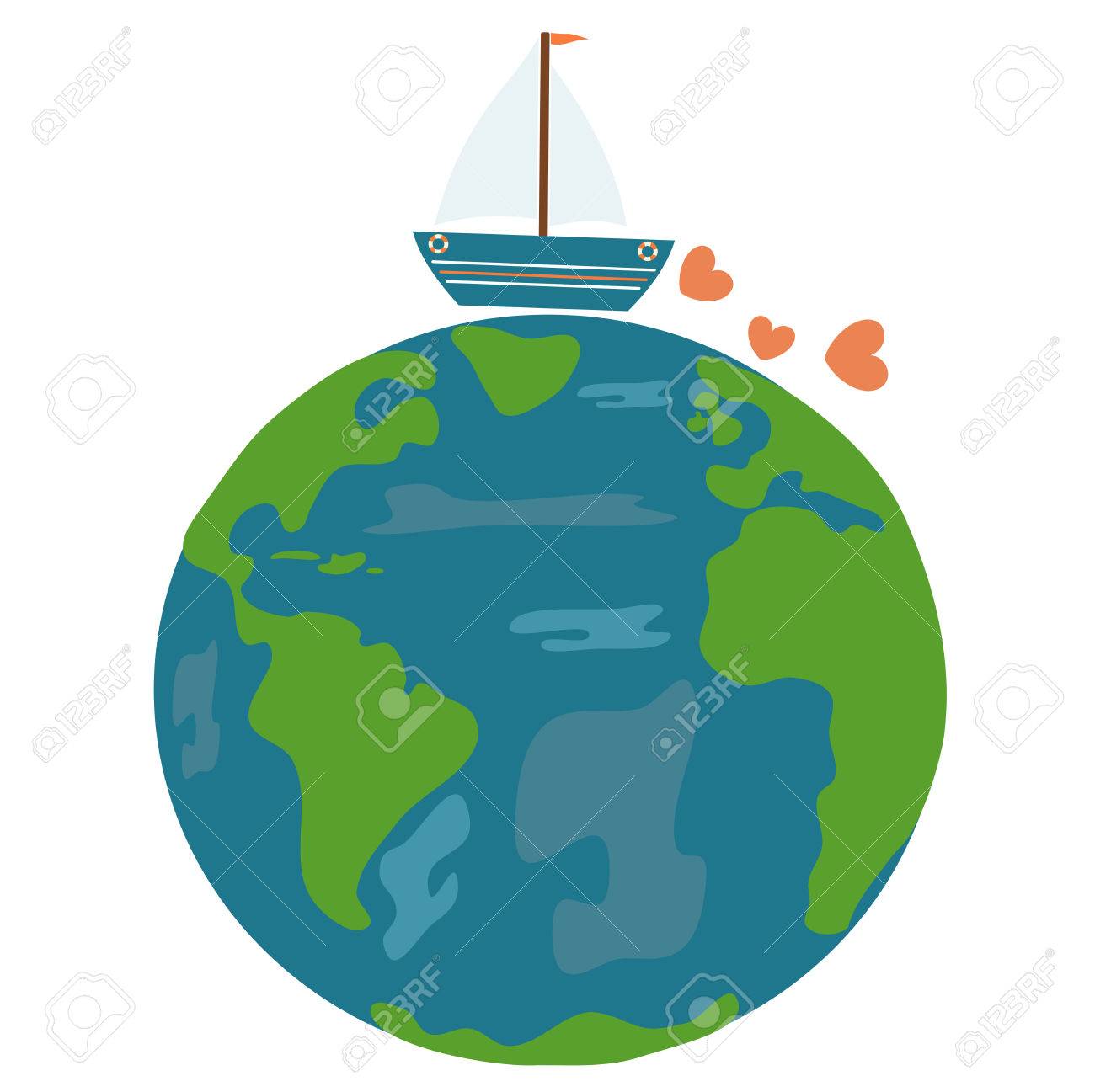 1300x1297 Cute Cartoon Ship Boat Sailing Around The World Vector