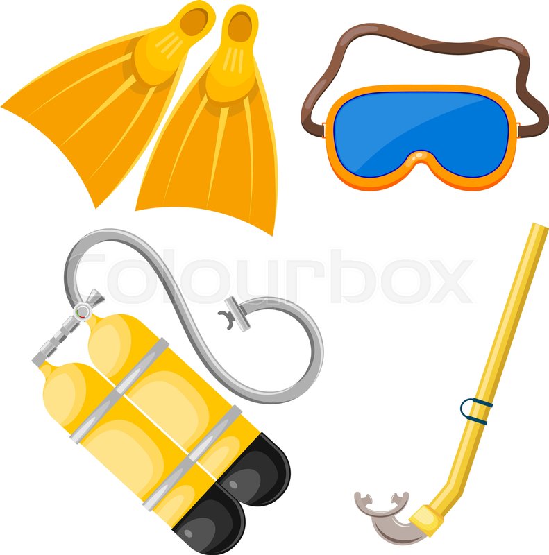 791x800 Vector Set Of Abstract Objects For Diving. Mask, Snorkel, Scuba