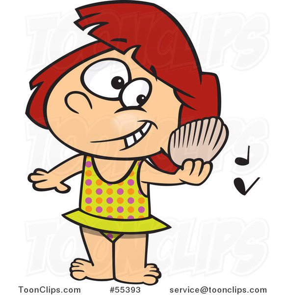 581x600 Cartoon Girl Listening To A Shell Play Music On A Beach