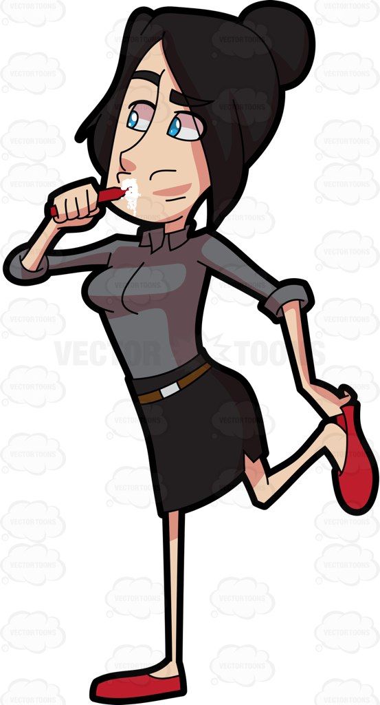 553x1024 A Woman Wears Her Shoes While Brushing Her Teeth Tooth Cartoon