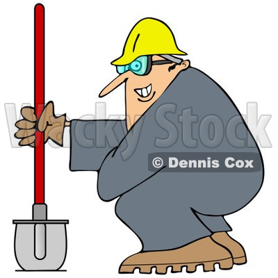 400x400 Of A Grinning Chubby Worker Man With A Helmet Goggles And Shovel