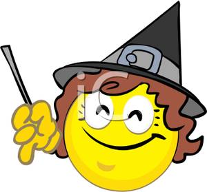 300x279 Cartoon Smiley Face Wearing A Witches Hat And Holding A Wand