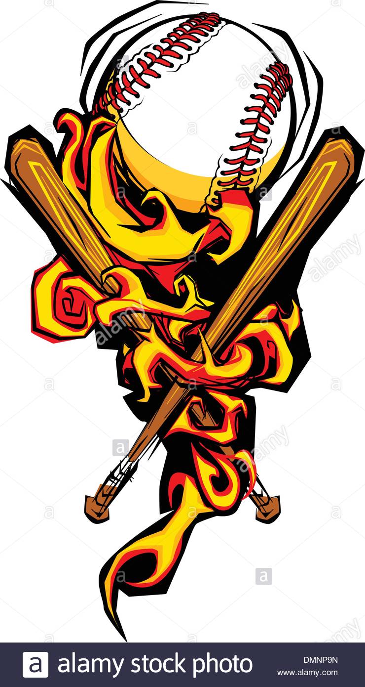 740x1390 Softball Baseball Ball And Bats Flaming Cartoon Illustration Stock