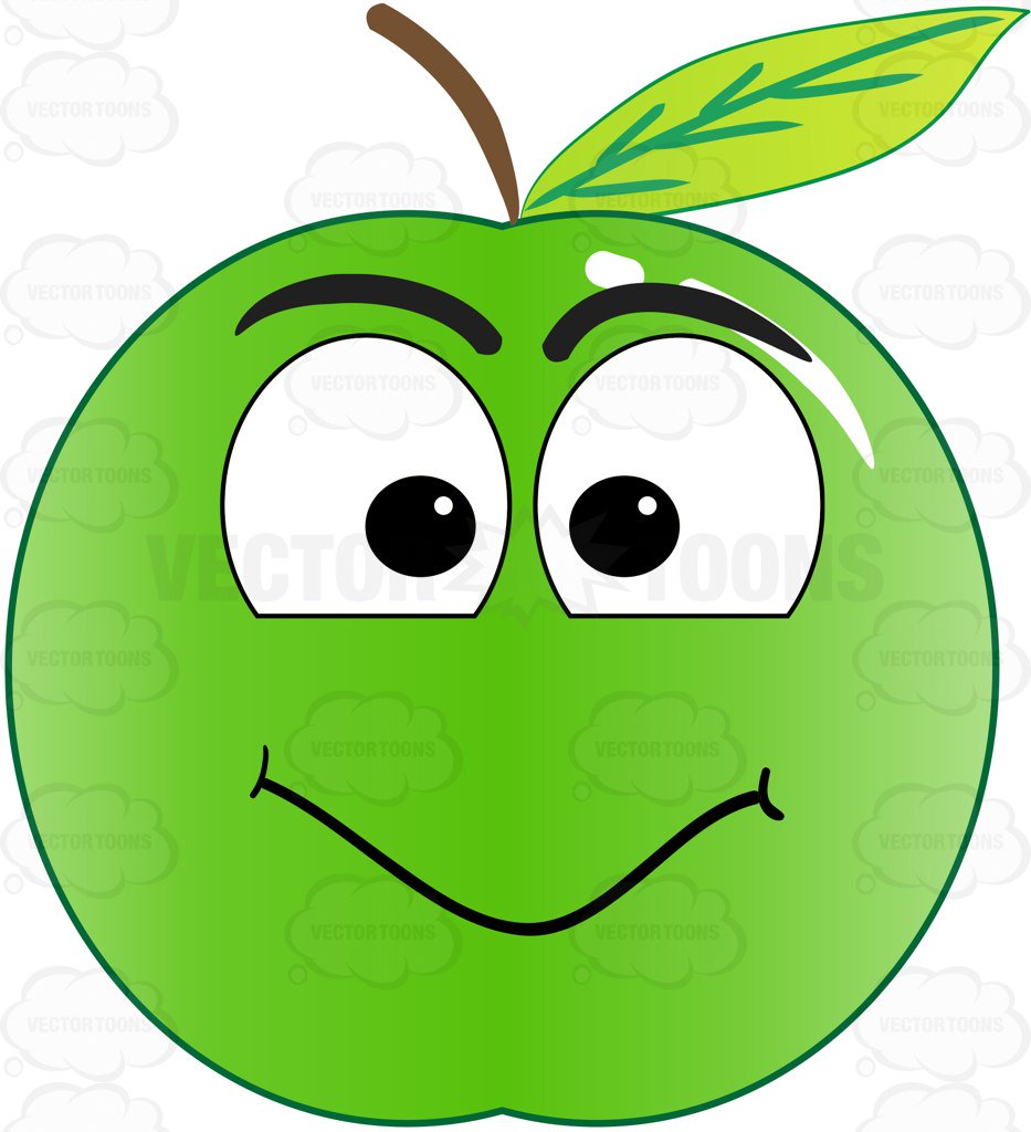 933x1024 Green Apple With Smiling Face Looking At Camera Emoji Cartoon