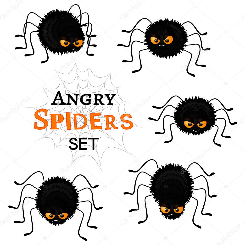 1024x1024 Cartoon Scary Black Spiders Set Isolated On White Background