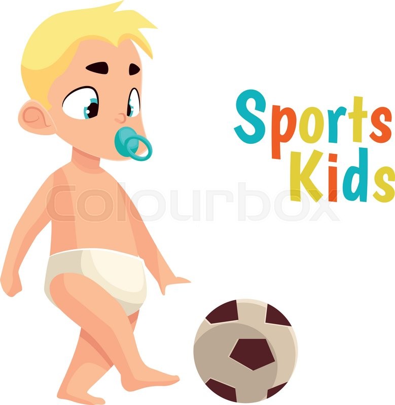 779x800 Baby In Diaper Playing Football, Vector Cartoon Comic Illustration