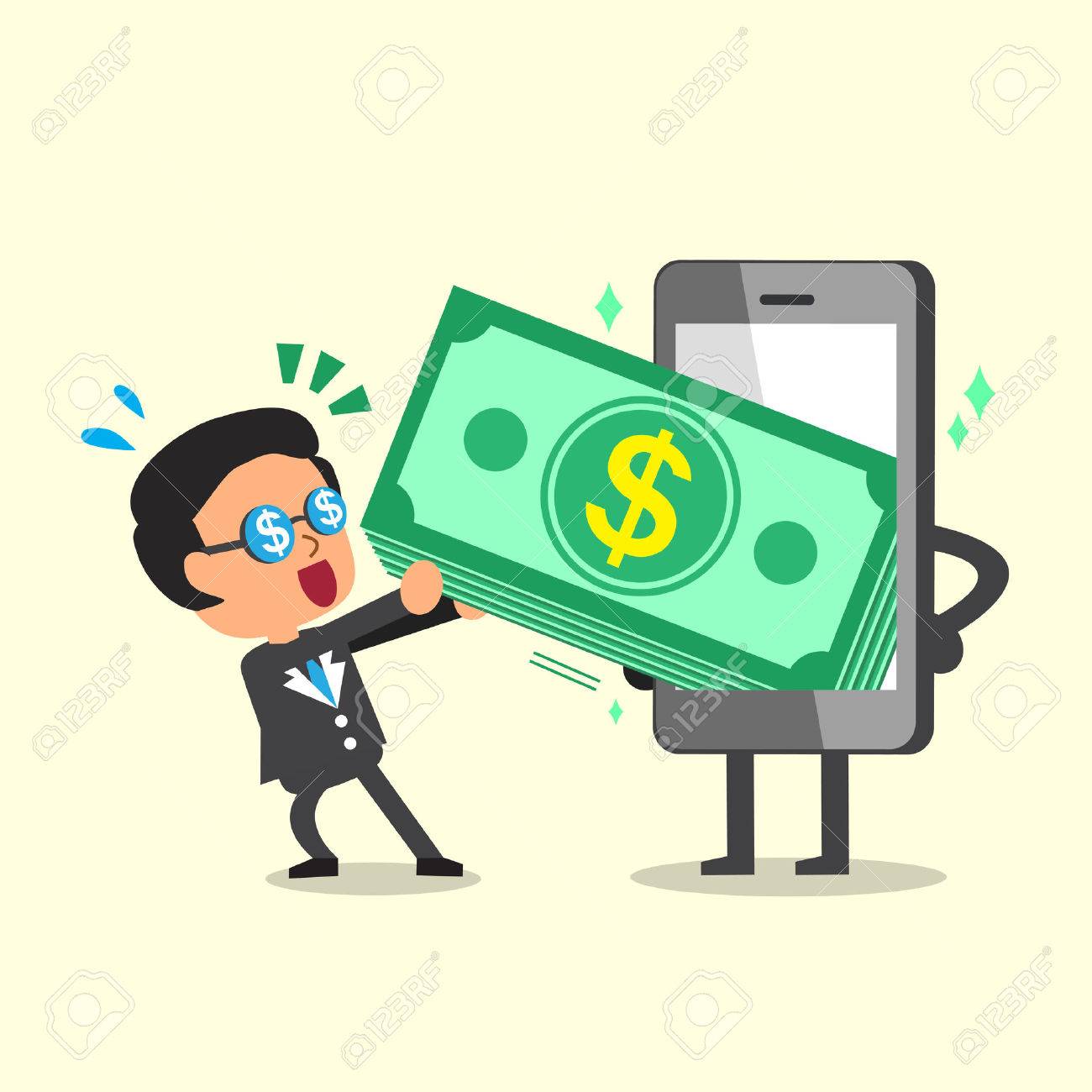1300x1300 Cartoon Businessman Pulling Money Stack From Smartphone Royalty