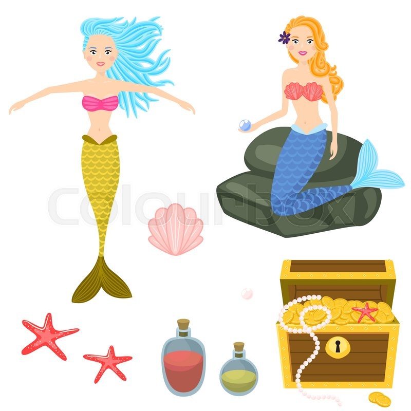 800x800 Cartoon Mermaids And Treasure Dower Chest Clip Art Vector Graphics