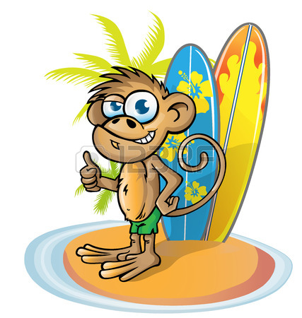 427x450 Monkey Surfer Cartoon On Island With Surfboard Royalty Free