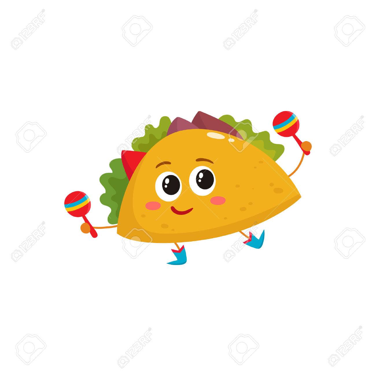 1300x1300 Smiling Big Eyed Taco Dancing And Playing Mexican Maracas, Cartoon