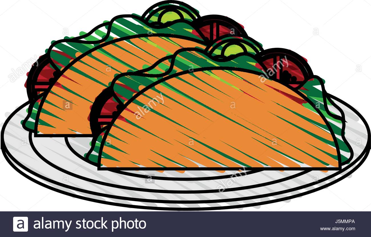 1300x832 Color Crayon Stripe Cartoon Tacos On Plate Mexican Food In White