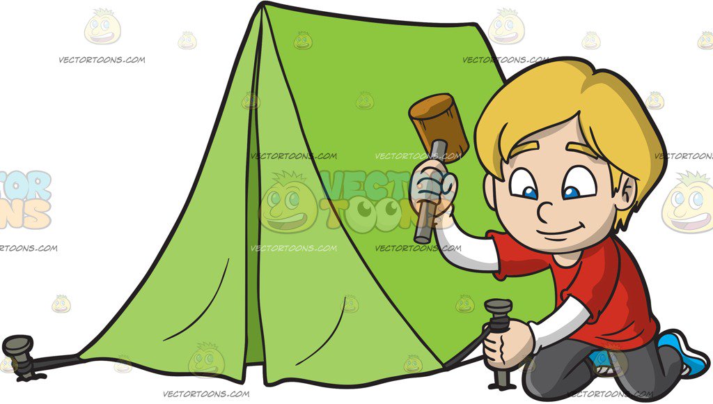 1024x580 A Boy Using A Hammer To Nail His Tent Into The Ground Cartoon
