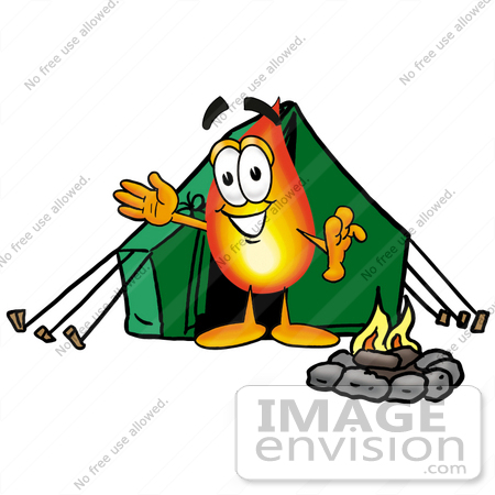 450x450 Clip Art Graphic Of A Fire Cartoon Character Camping With A Tent