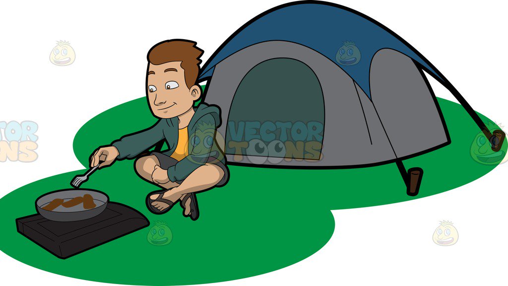 1024x576 A Camper Cooking His Meal Outside The Tent Cartoon Clipart