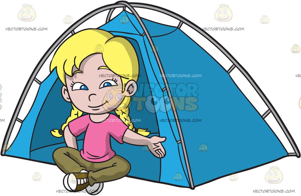 1024x669 A Girl Sitting Outside Her Camping Tent Cartoon Clipart