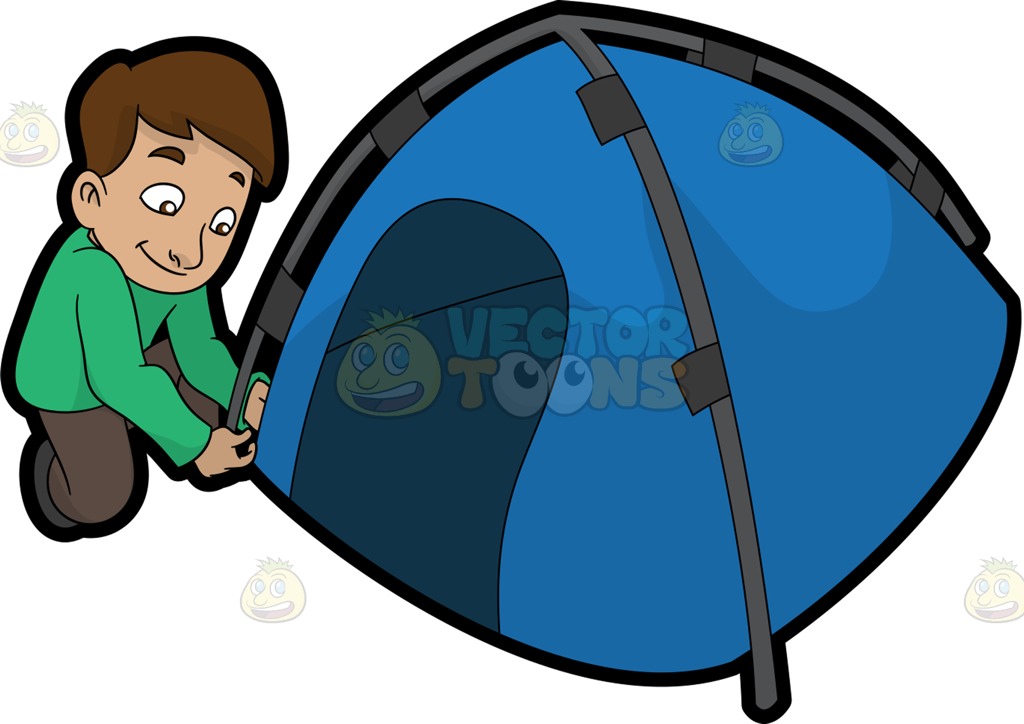 1024x724 A Man Setting Up His Camp Tent Cartoon Clipart