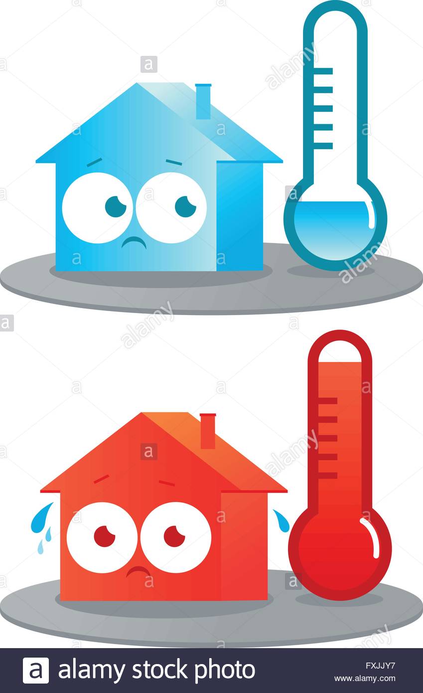849x1390 A Very Hot And Cold Cartoon House. Thermometers Indicating Very