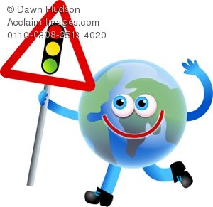 300x291 Illustration Of A Cartoon Globe Holding A Traffic Lights Sign
