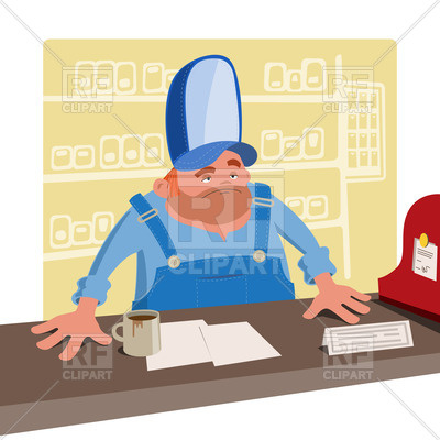 400x400 Sullen Cashier Stands Behind The Desk Royalty Free Vector Clip Art