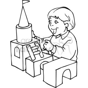 300x300 Royalty Free Black And White Outline Of A Boy Building A Castle