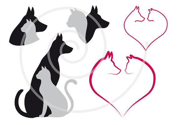 570x399 Cat And Dog Digital Clip Art Set, Pet, Animal Clipart, Heart