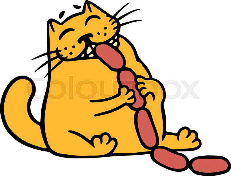 800x610 Orange Cat Eats Sausages. Funny Cartoon Cool Character. Contour