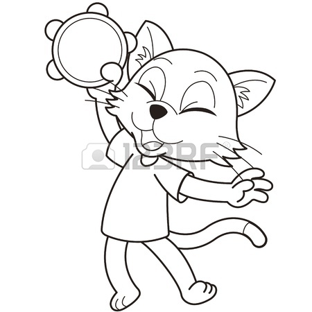 450x450 Cartoon Cat Playing Drums Black And White Royalty Free Cliparts