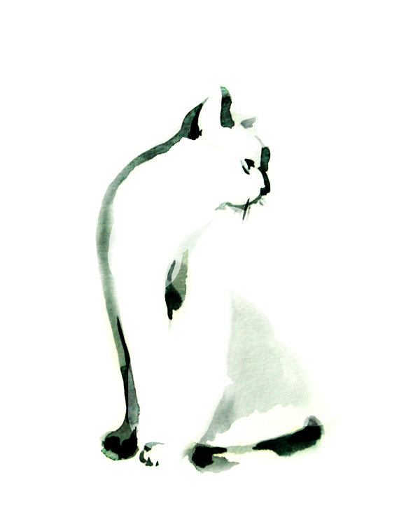 570x726 Minimalist Cat Ink Painting Art Print, Cat Kitten Art, Modern