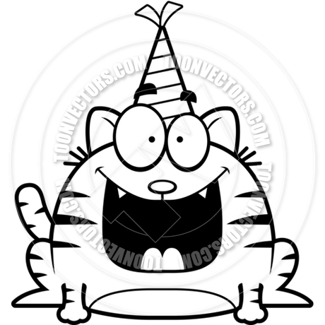 460x460 Cartoon Little Cat Birthday Party (Black And White Line Art) By