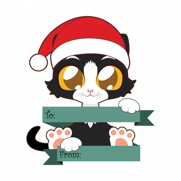 626x626 Cute Black Cat With Santa Hat Gift Tag Vector Premium Download