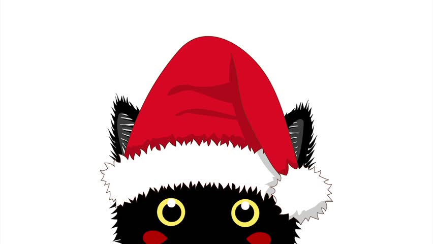 852x480 White Cat With Santa Hat Sneaking. Greeting Card Christmas Day