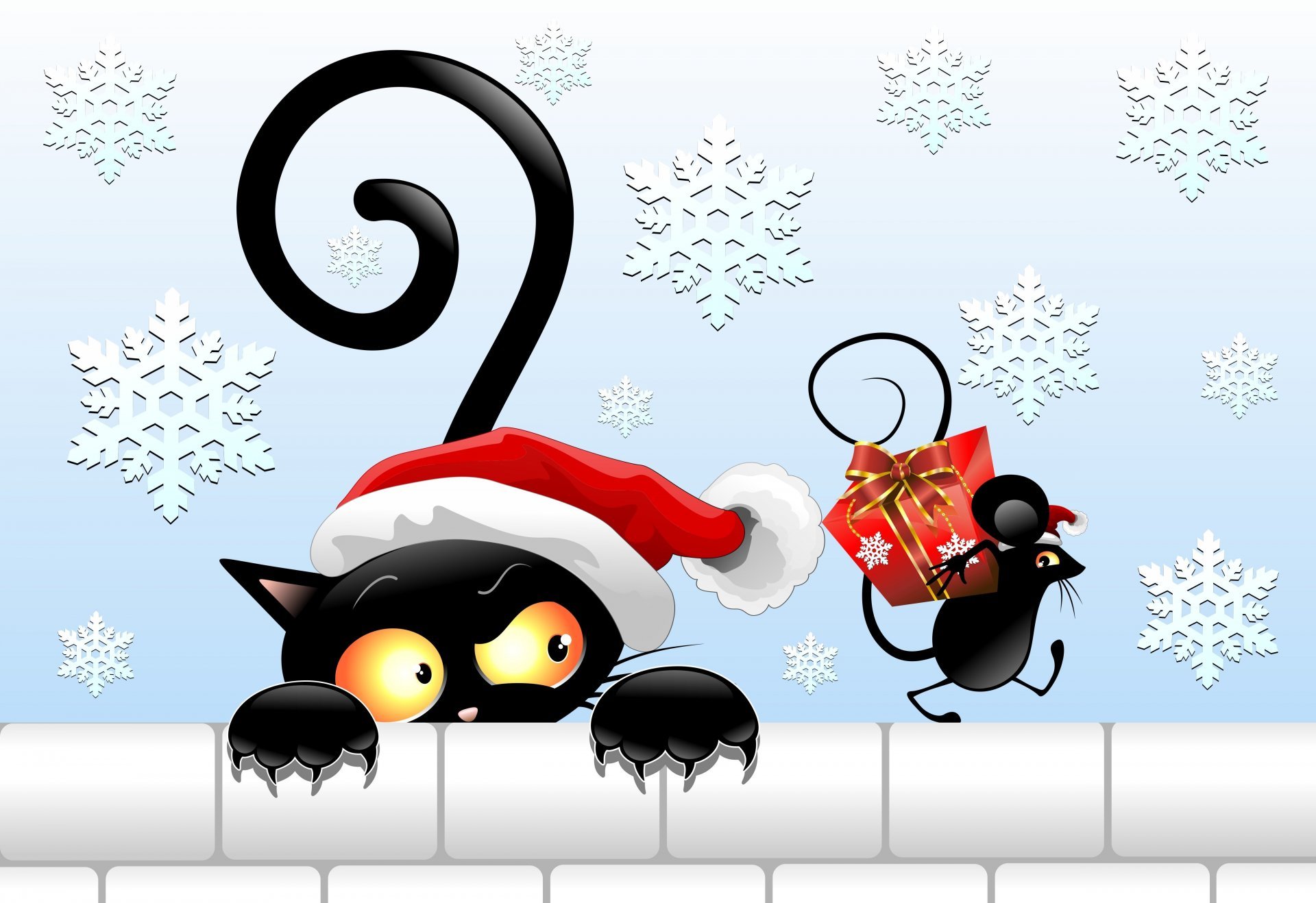 1920x1318 Black Cat Hat New Year View Tail Mouse Present Vector Hd Wallpaper