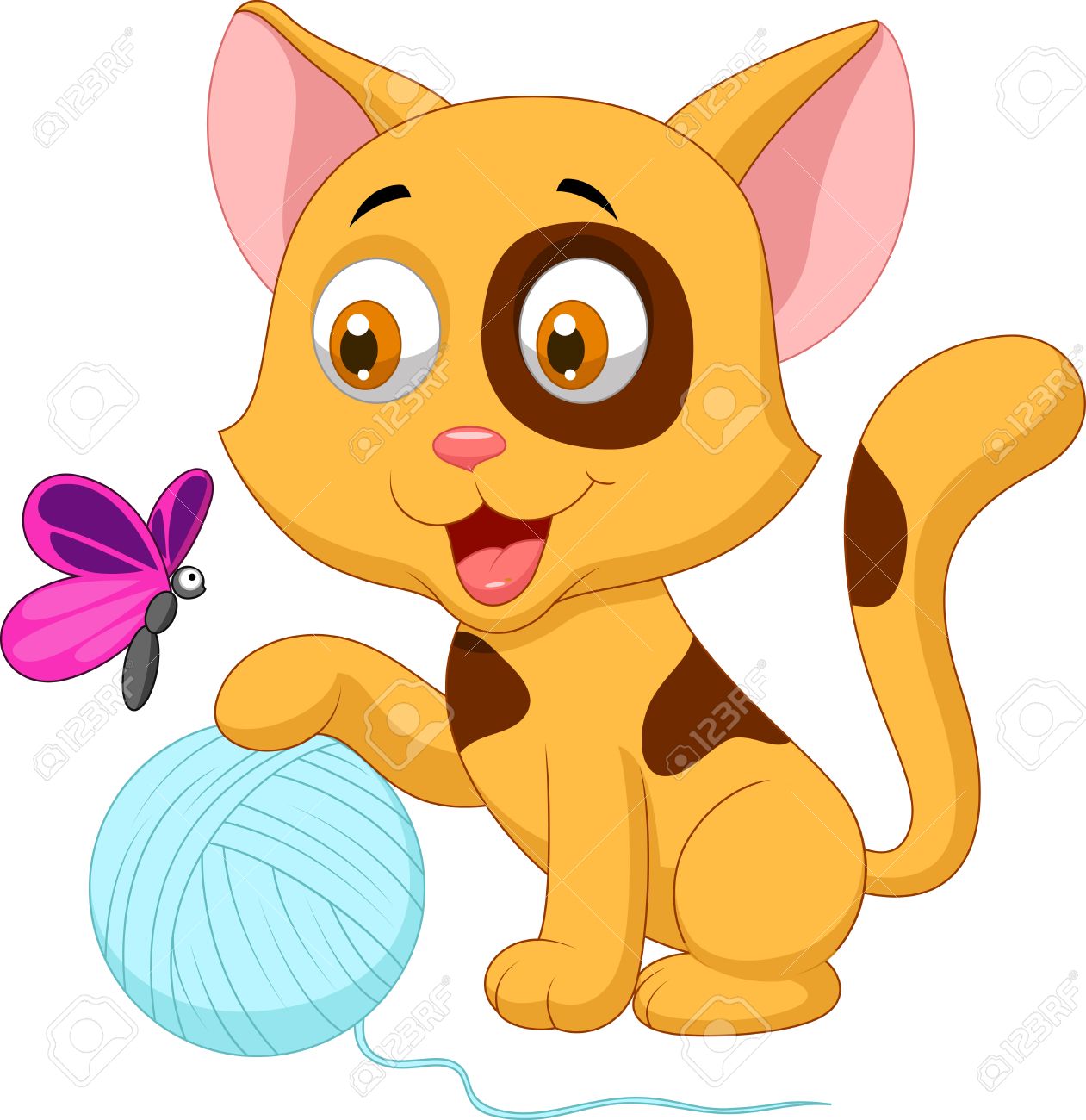 1261x1300 Cute Cat Cartoon Playing With Ball Of Yarn And Butterfly Royalty