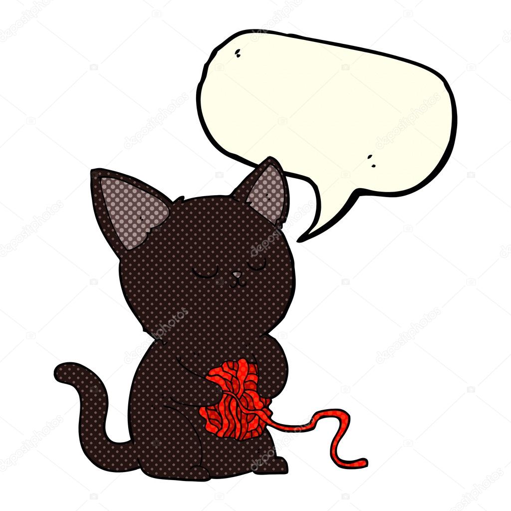 1024x1024 Cartoon Cute Black Cat Playing With Ball Of Yarn With Speech Bub