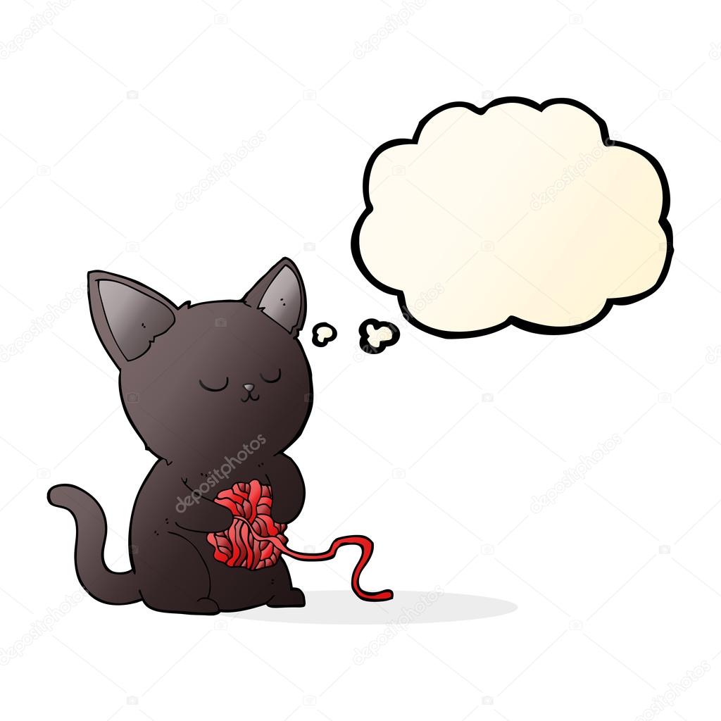 1024x1024 Cartoon Cute Black Cat Playing With Ball Of Yarn With Thought Bu
